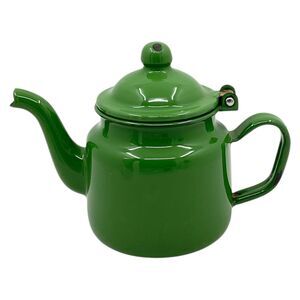 Vintage Avocado Green Enamelware Teapot Hinged‎ Lid Rustic Farmhouse